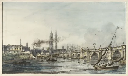 Uitzicht over de Theems naar de Kerk van St Magnus en het Monument met de London Bridge aan de rechterkant
